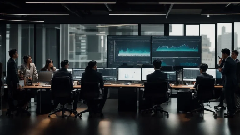 a group of diverse professionals collaboratively analyze digital screens displaying data visualizations in a modern office setting.