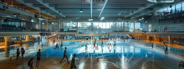 a dynamic and bustling sports facility with athletes of all ages engaging in various activities, from basketball to swimming and tennis.