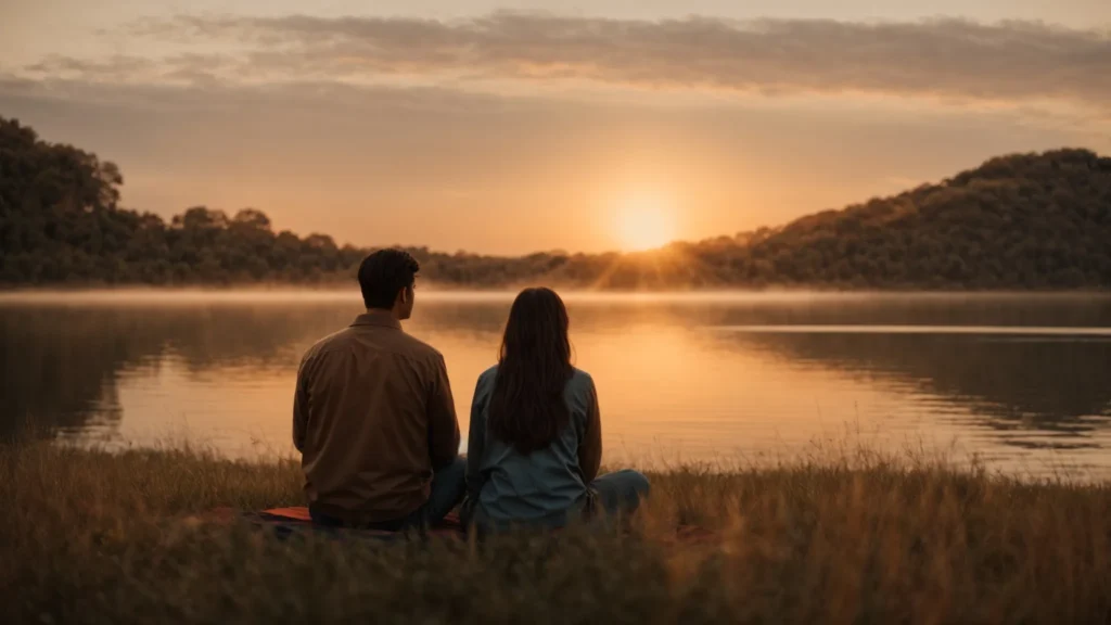 a couple is peacefully meditating together on a serene lakeside at sunset.