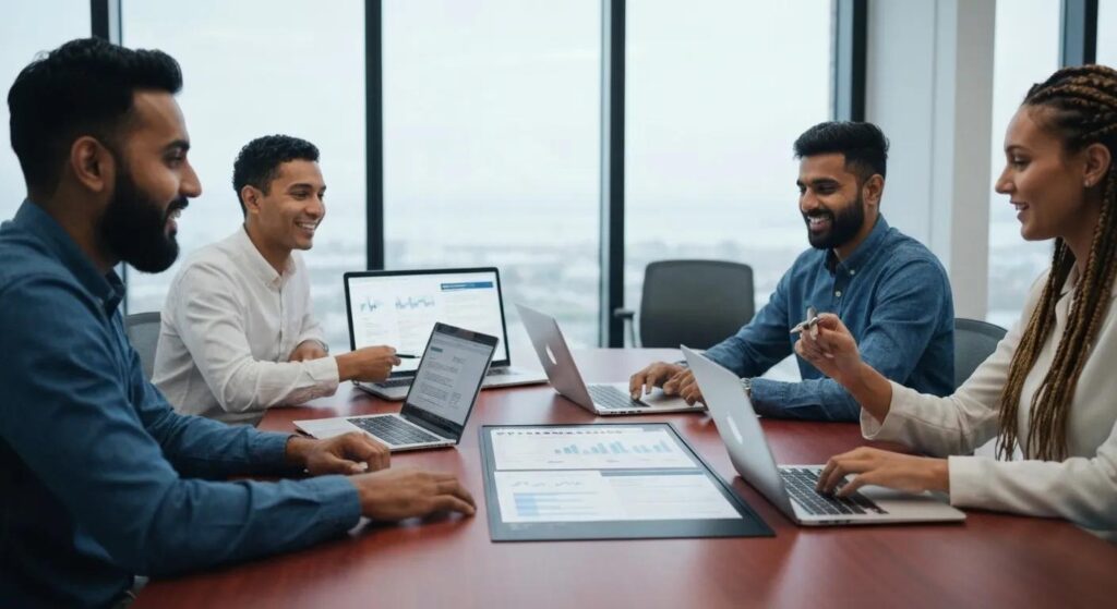 Marketing professionals collaborating on advanced press release software in a modern office
