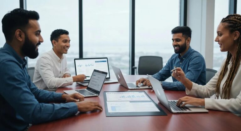 Marketing professionals collaborating on advanced press release software in a modern office