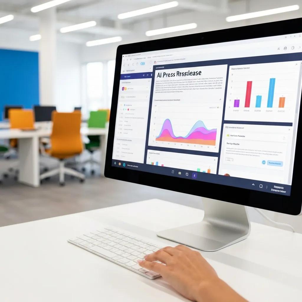 AI software meticulously analyzing press release content on a digital display