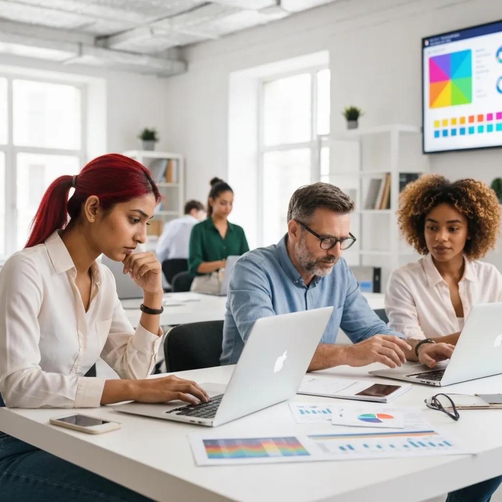 Digital marketing team collaborating on AI-powered press releases in a modern office