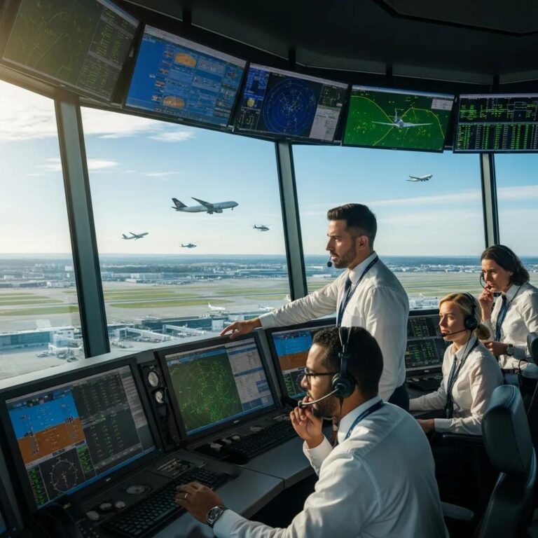 Modern air traffic control tower with controllers monitoring flights