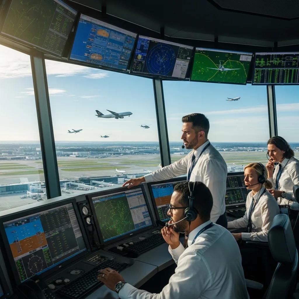 Modern air traffic control tower with controllers monitoring flights