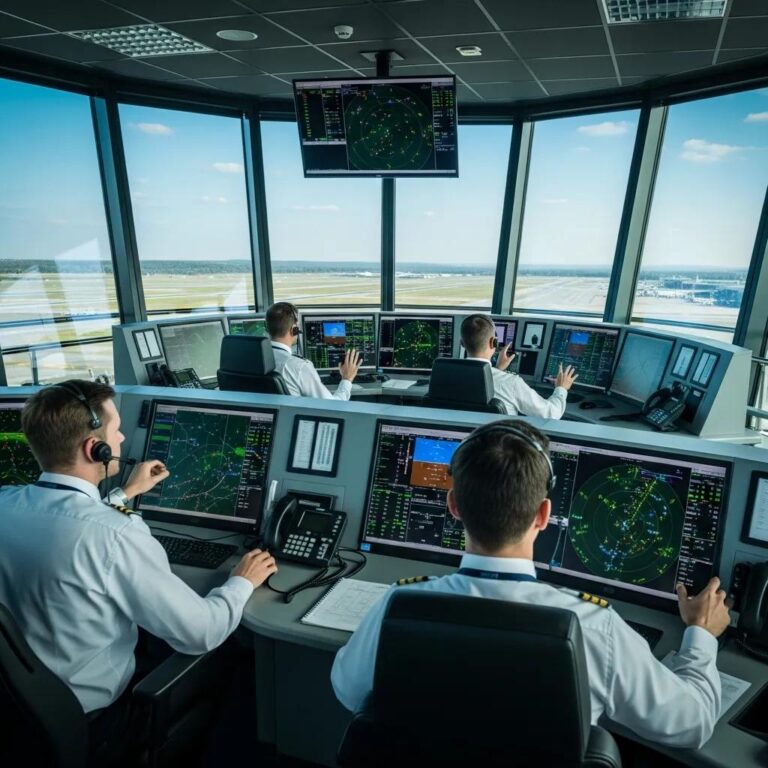 Modern air traffic control tower with controllers monitoring aircraft movements